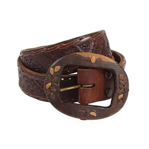 Vintage Hand Tooled Leather Belt Wooden Belt Buckle Bohemian Gypsy Womens M